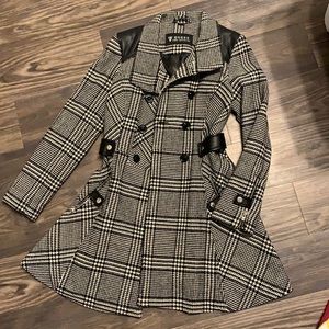 Guess Black Plaid & Leather Pea Coat
